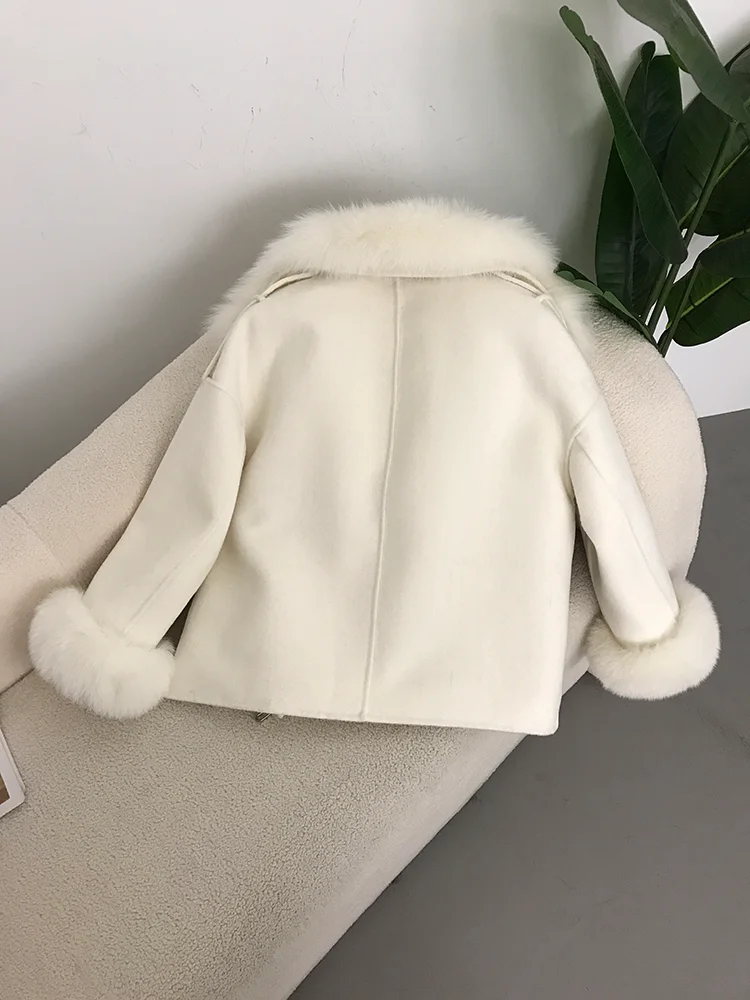 2025 Women Natural Fox Collar Cuffs Wool Cashmere Blends Pockets Outerwear Real Fur Coat With Thick Liner Winter Jacket