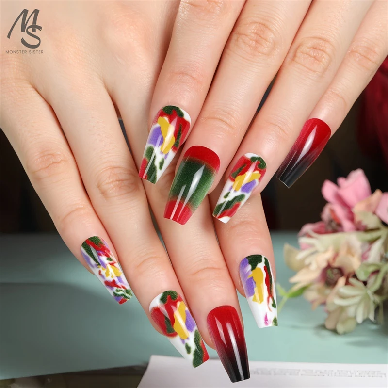 

24 Pieces Fake Pressed Nails False Nails Chinese Chinoiserie Reusable Smudged Fonzing French Gradient Texture Artificial Nails