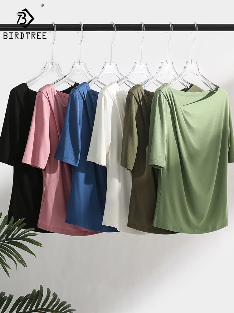 

Birdtree Real Silk Blend Women Solid T-Shirt Skew Collar Shirring Asymmetrical Basics Tee 2023 Summer Autumn Ribs Tops T38673QM