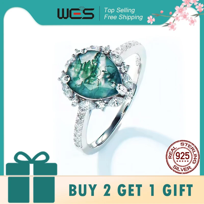 

WES 925 Sterling Silver Waterdrop Natural Gemstone 8*10mm Moss Agate Promise Ring For Woman Fine Jewelry Wedding Valentine Gifts