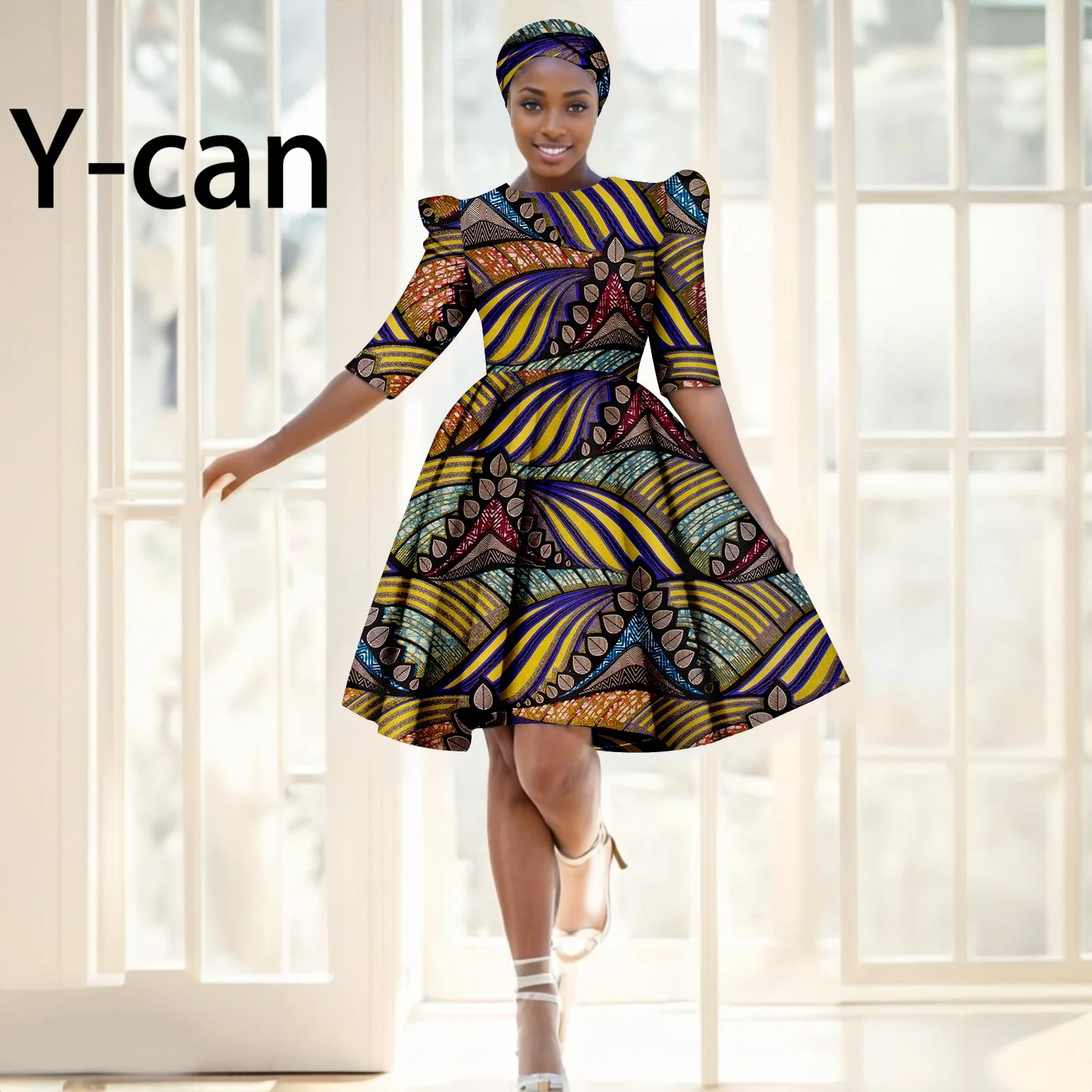 African Dresses for Women Summer Elegant Evening Party Gown Luxury Short O Neck Dress with Turban Wedding Ethnic Dress 2425081