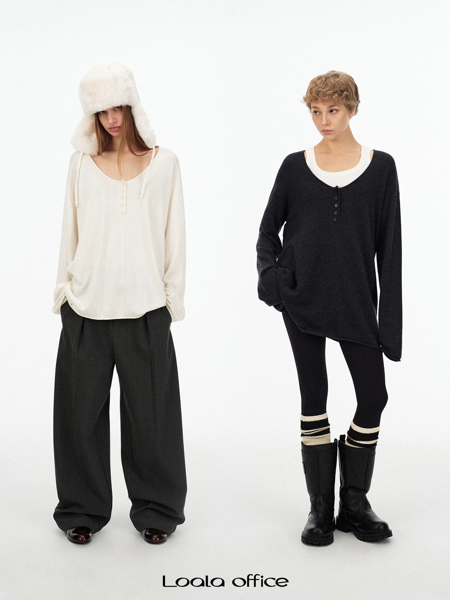 

Женский вязаный свитер Loala Office Classic: универсальный, свободный крой, воротник хенли, повседневный, шерстяной, с длинными рукавами