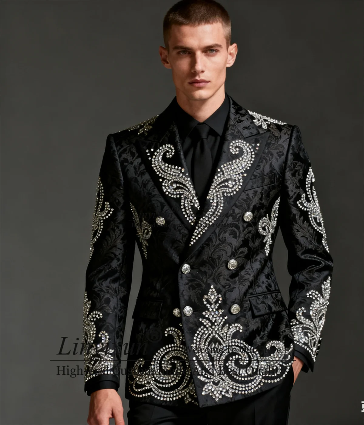 

Luxury Metal Embellished Men Suits 2 Pieces Sets Male Party Prom Blazers Customized Fashion Jacquard Groom Tuxedos Ropa Hombre