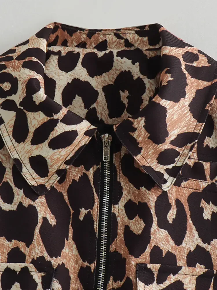 Chaqueta Bomber Vintage con estampado de leopardo para mujer, abrigo holgado de manga larga con solapa y bolsillos con cremallera, ropa de calle elegante para otoño, 2024