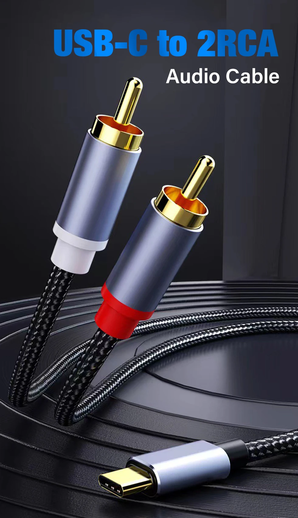 2m 3m 5m Langes USB Typ-C zu 2RCA Audio-Kabel Y-Splitter-Kabel für TV Lautsprecher Verstärker Xiaomi Laptop USB-C zu 2RCA Stecker Konverter – Detail 1