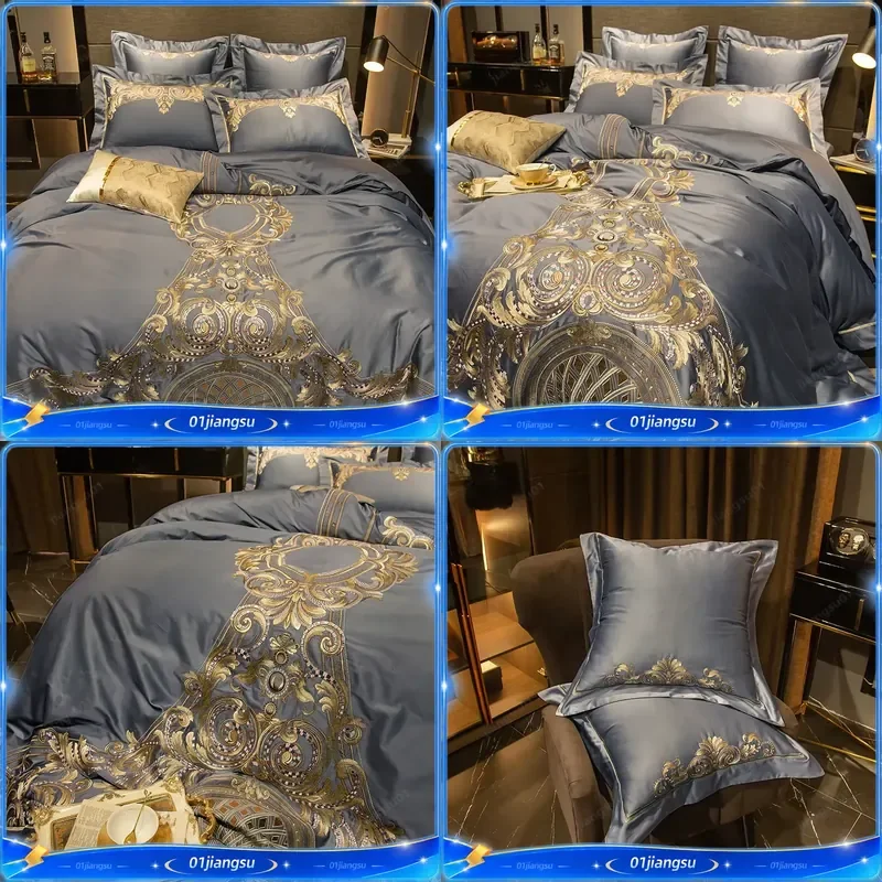 4 6pcs Luxury Egyptian Cotton Duvet Cover Set Pure Cotton Embroidered Bedding King Size Soft Breathable Bedroom Home Textile