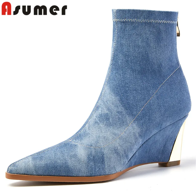 

ASUMER 2023 Size 34-41 New Street Style Ladies Modern Boots Pointed Toe Denim Ankle Boots Zipper Wedges High Heels Women Shoes