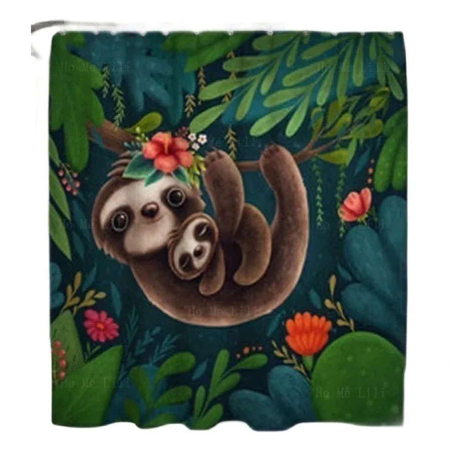 Tropical Cute Mom And Baby Sloths Teal And Green Shower Curtains For Bathroom Decor