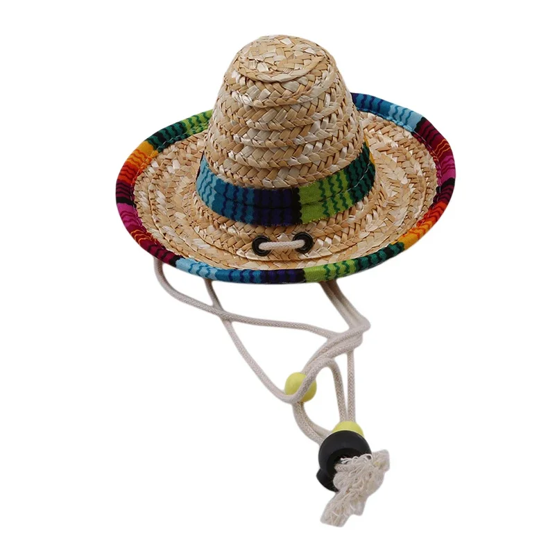 Straw Sombrero Mexican Hat Pet Adjustable Buckle Multicolor Pet Straw Dog Cat Hat Cat toys Cat halloween Dog sunglasses Mascotas