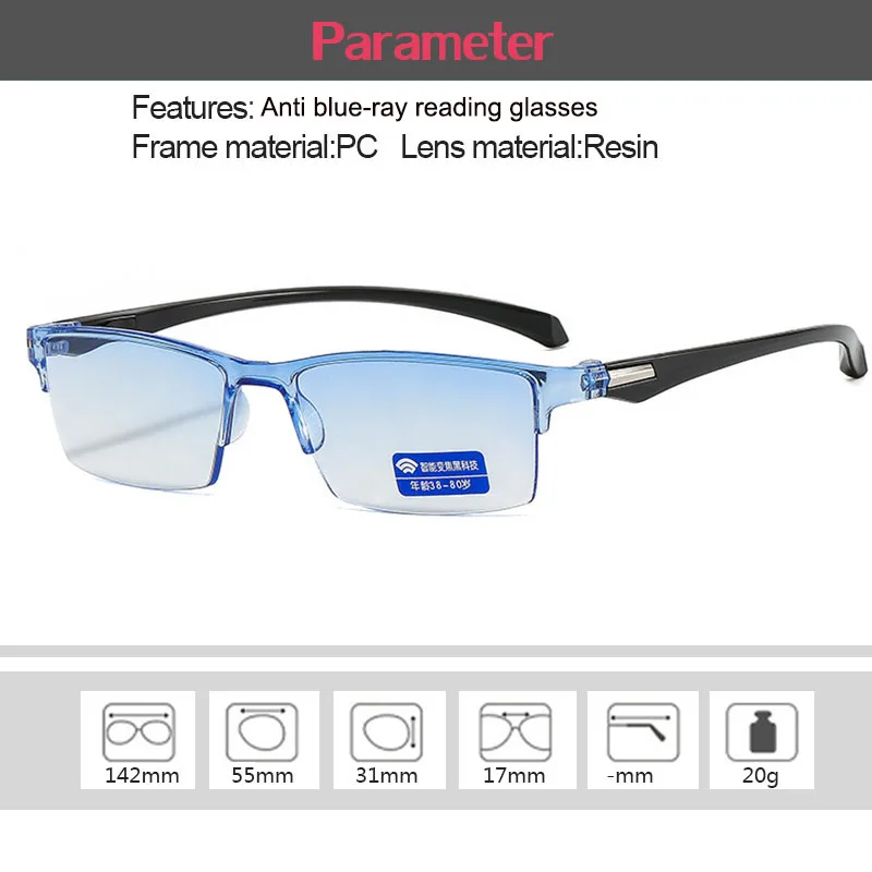 New Anti Blue Ray Reading Glasses Smart Automatic Zoom Reading Glasses Autofocus Power +1.0(100) ~ +4.0(400) Half-Rim Unisex