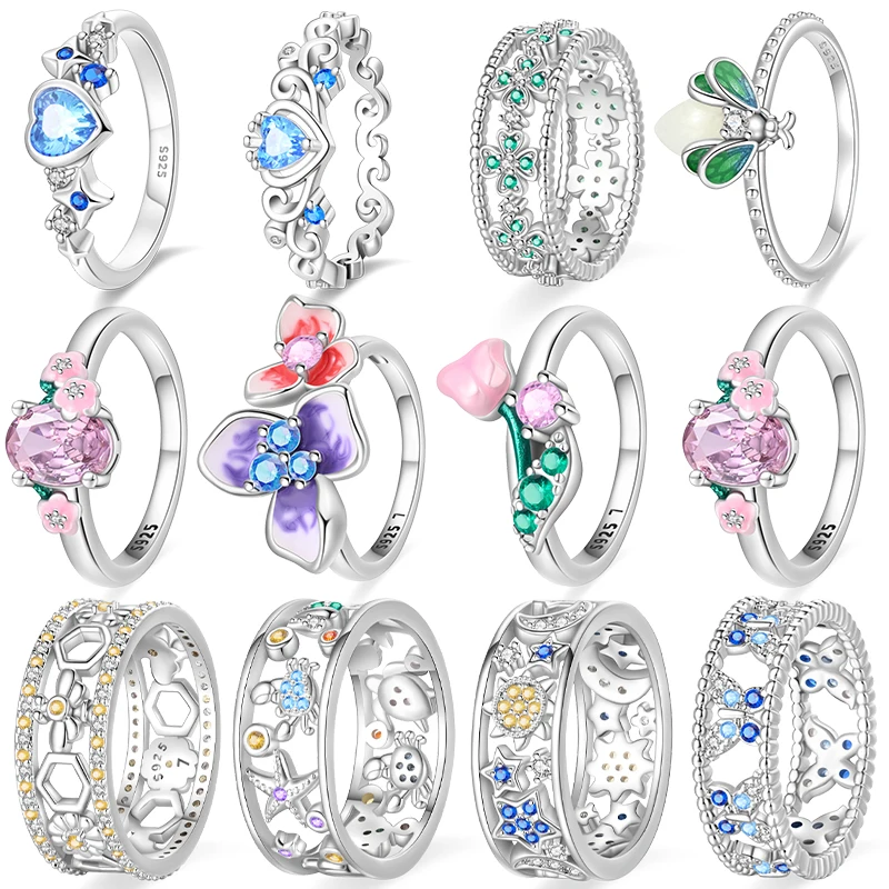 Ringe für Frauen, 100 % 925er Sterlingsilber, rosa Herz, Krone, Stern, Mond, Schneeflocke, Zirkon, Ringe, Mode, Verlobung, Hochzeit, Schmuck