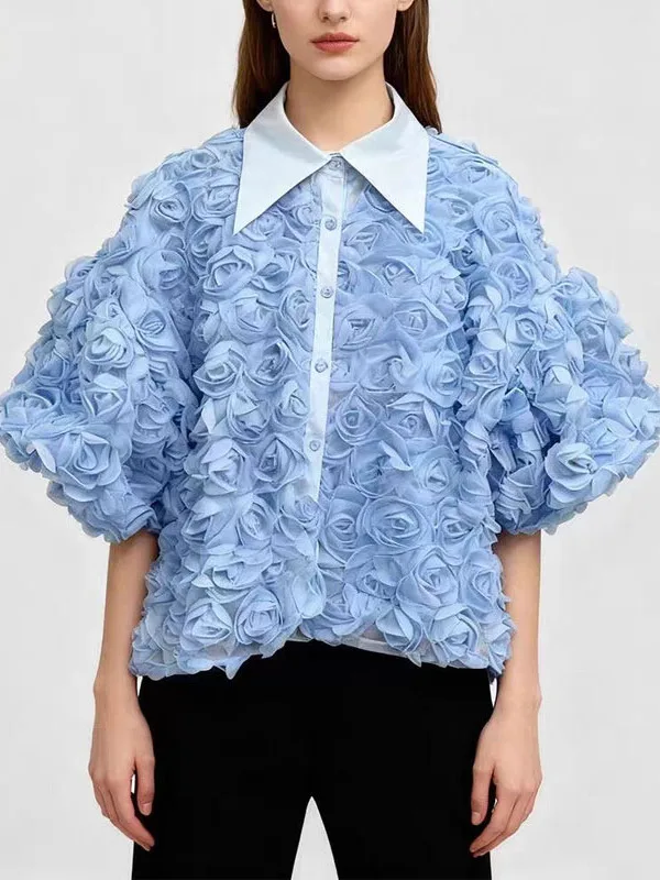 

Korean Style Short Sleeve Shirt Women's Loose Fit Fashionable Heavy Embroidery Flower Decoration Design Casual Top