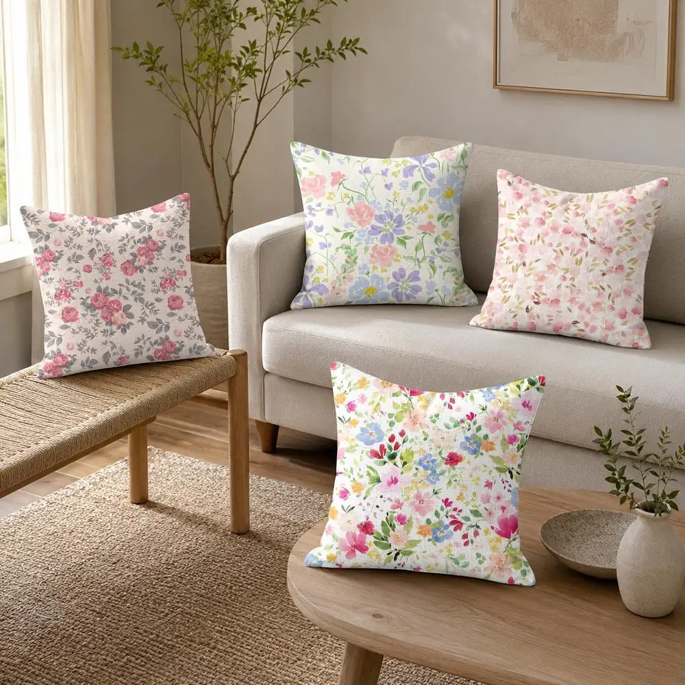 Floral pattern Cushion Cover Organic Linen Throw Pillow Cover - Double-Sided Print Breathable Cushion Case Home Decor