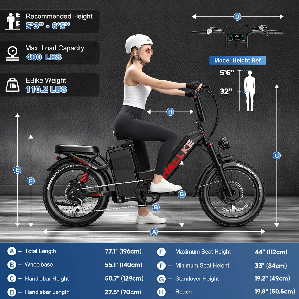 W Wallke H7 AWD Dual Motor Electric Bike for Adults, 48V 40Ah Long Range Ebike, Fast E-Bike, 20''x4'' Fat Tire Electric Bicycle, UL2849 image 8
