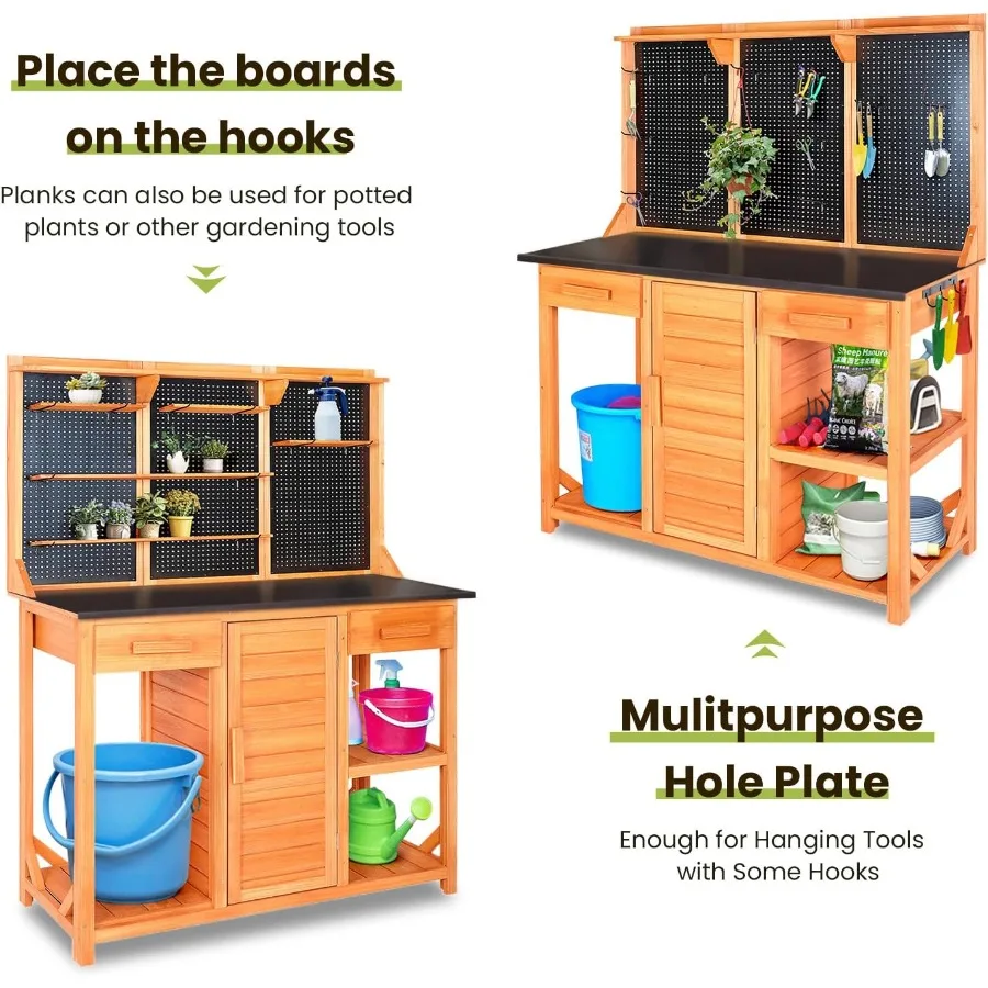 Outdoor Garden Potting Bench, Horticultural Wooden Workstation Table with Storage Drawer, Cabinet, Metal Pegboard, Adjustable H