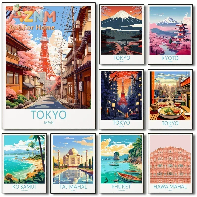 Asian Travel Landscape Canvas Art  Tokyo India Thailand Islands Poster for Wall Decor Home Room Gift