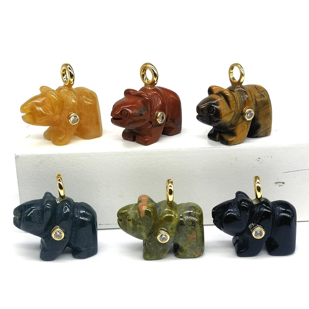 21mm Bear Shaped Statue Carved Natural Crystal Stones with Zircon Tiger Eye Agate Quartz Gemstone for Diy Necklace Pendant Gift