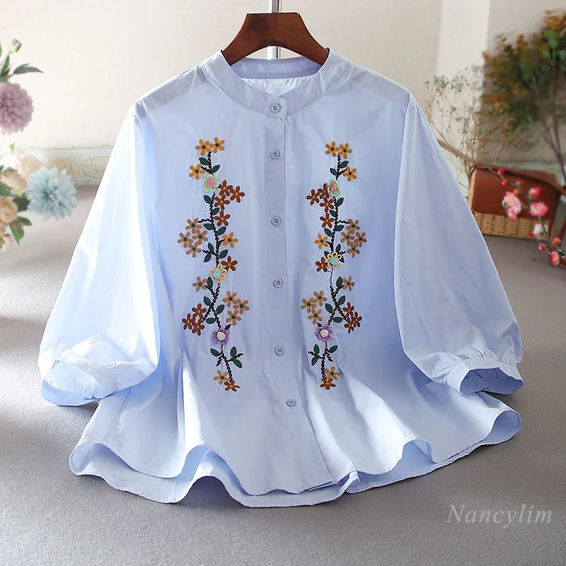 

Retro Artistic Blouse Loose Casual Cotton Embroidery High-Grade Three-Quarter Sleeve Shirt Women's Top Autumn Blusas