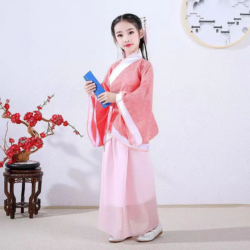 Disfraz de bata de seda China para niñas y niños, Kimono chino tradicional, Vintage, étnico, abanico, estudiantes, coro, baile, Hanfu