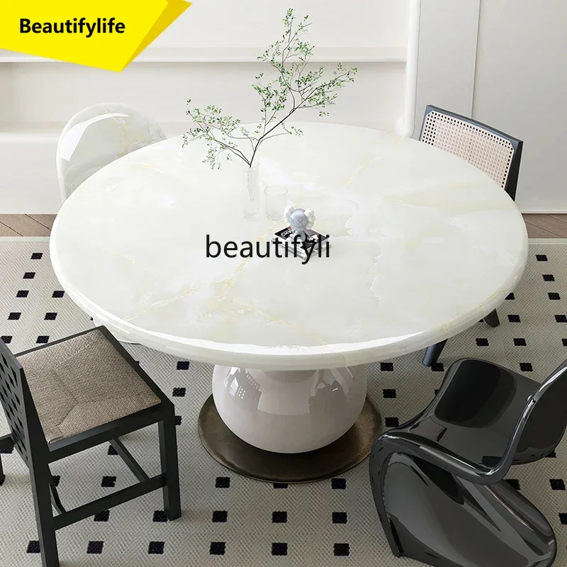 

LL A57 Natural white ice jade dining table light luxury marble round with turntable household cream wind round table