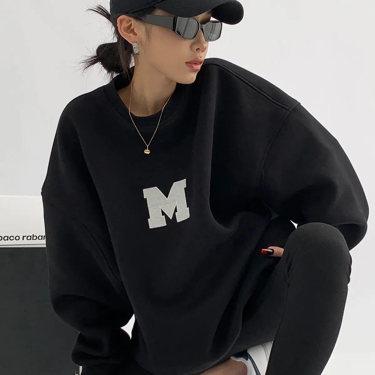 Imitation Embroidery Printed Composite Round Neck Hoodie for Women New Loose and Versatile Trendy Brand Top for Couples Unisex