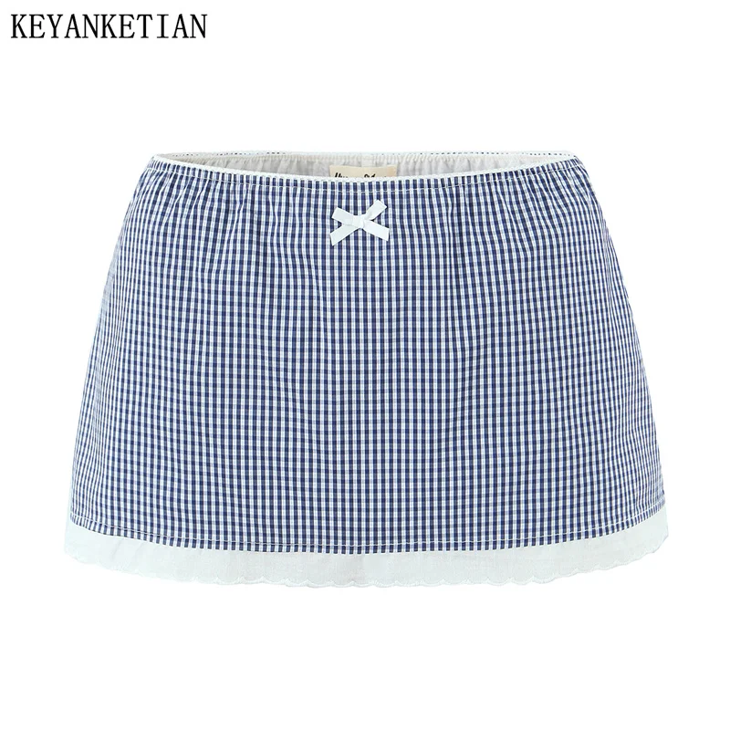 KEYANKETIANN Summer New Women's Butterfly Bow Decoration Small Grid Contrasting Splicing Imitation Running Light Skirt