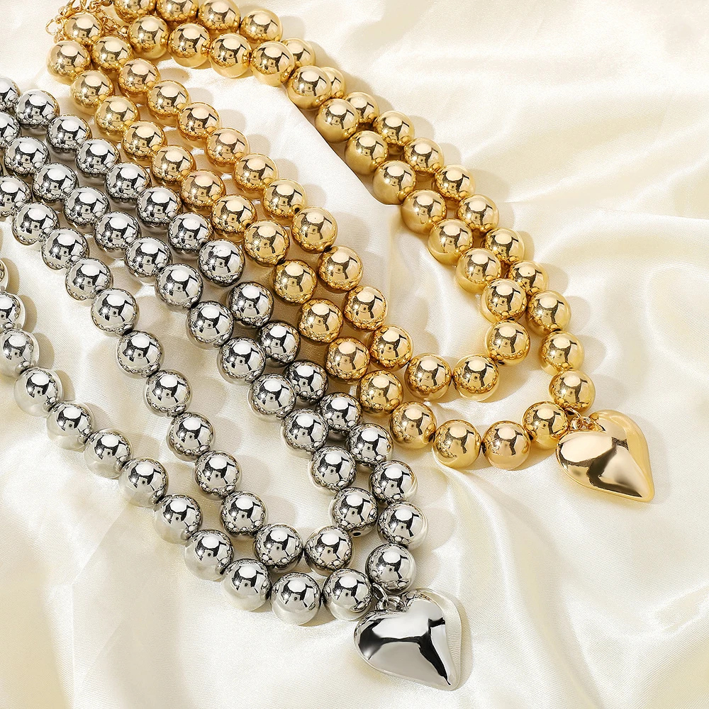 CCB Ball Beaded Chain Heart Pendant Necklace Women Punk Party Wedding Fashion Double Layer Choker Jewelry Gift for Cool Girls