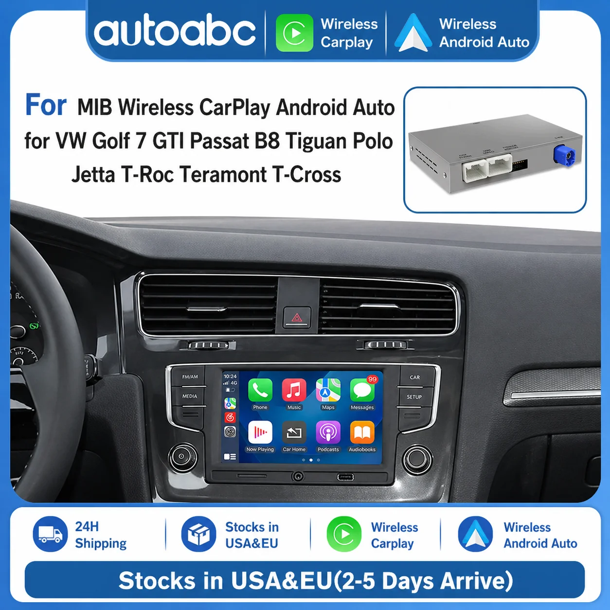 Kabelloses Carplay für VW Volkswagen Skoda Octavia A5 Golf 7 Polo Passat B8 Android Auto Modul Mirror Link MIB MIB2 System GPS BT