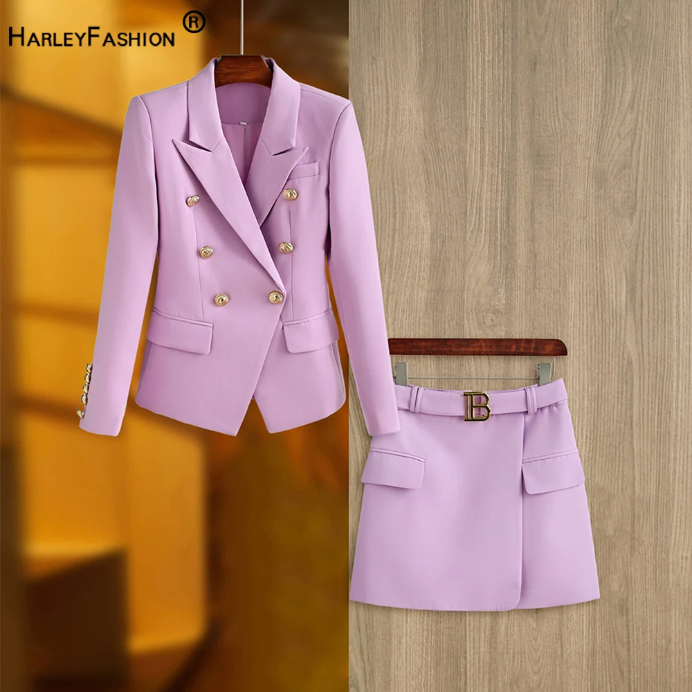 New Spring Autumn Fashion Women Twin Sets Fresh Lilac 2PCS Blazer Suits Elegant Slim Short Length with Belt