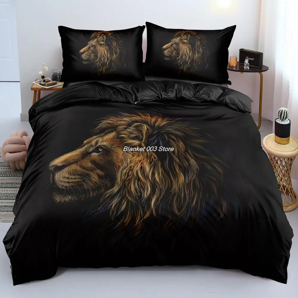 3D Lion Quilt Cover Sets Black Linens Bed Pillow Shams King Queen Super King Twin Double Full Size 180*200cm Animal Home Textile