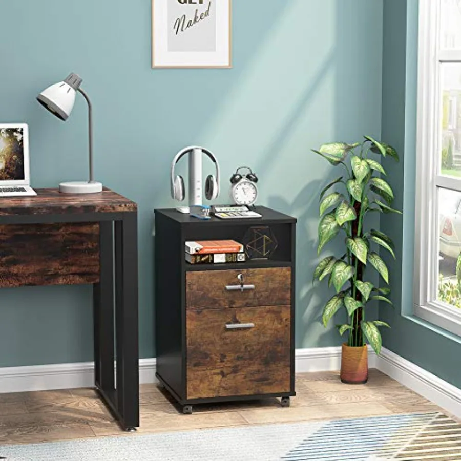 2 Drawer Mobile File Cabinet with Lock, Wood Modern Filing Cabinet for Letter Size, Printer Stand with Rolling Wheels and Open