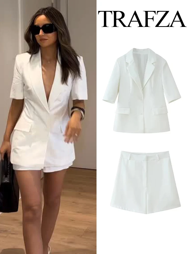 

TRAFZA Women 2-Piece Set Lapel Solid Single-breasted Short Sleeve Suit Jacket+High Waist Zipper Pockets Summer Simple Shorts