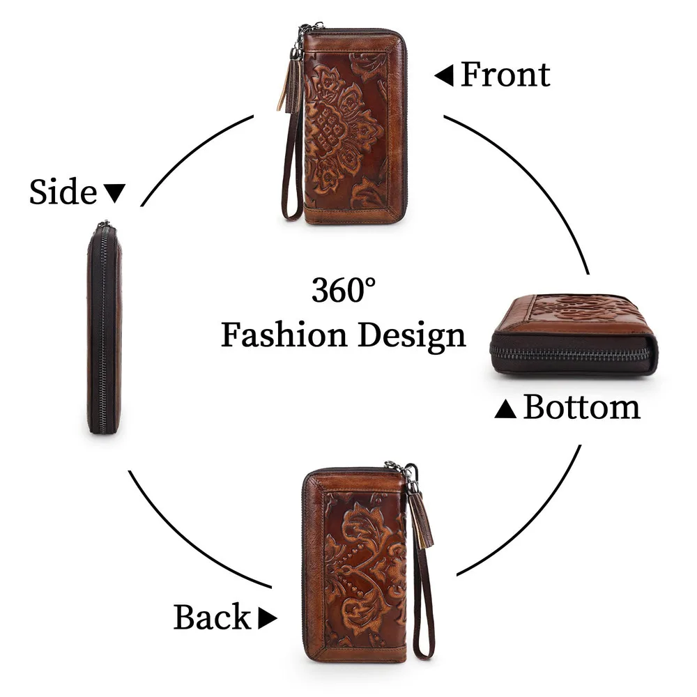 Women's Leather Wallet Large Capacity Genuine Cowhide Card Holder Phone Clutch Purse with Detachable Hand Strap 2025 New Retro