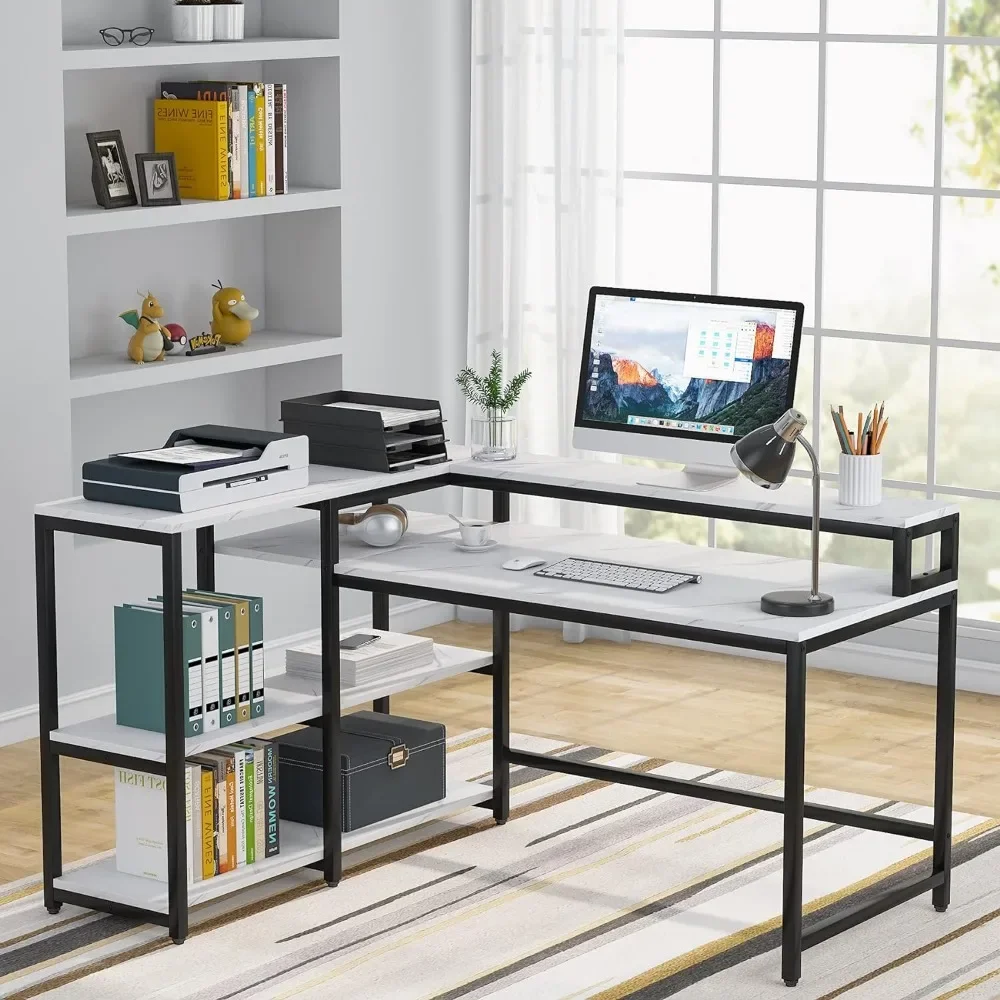 55 Inch Reversible L Shaped Computer Desk with Storage Shelf, Modern White Corner Desk with Shelves and Monitor Stand