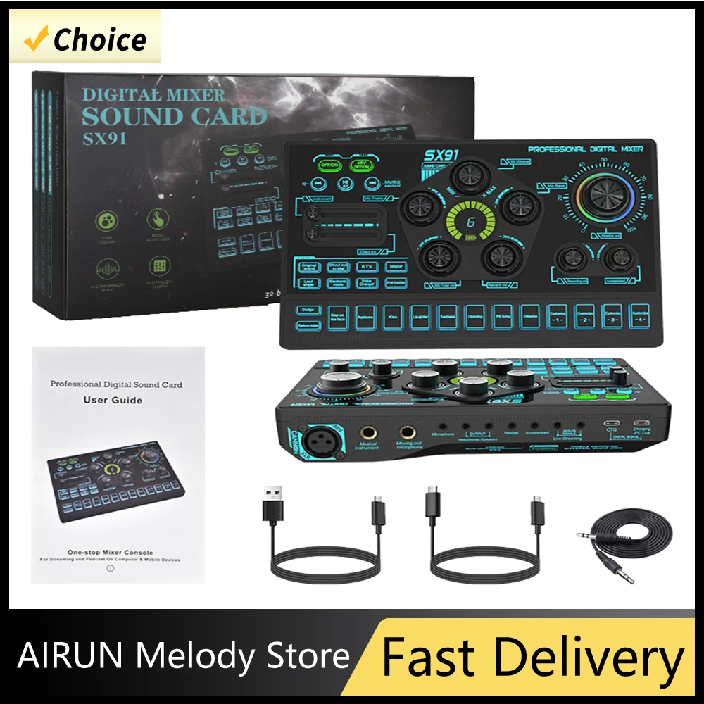 

SX91 48V Audio Mixer with Voice Changer Microphone Sound Mixer Live Sound Card Audio Mixing Console Amplifier for Livestreaming