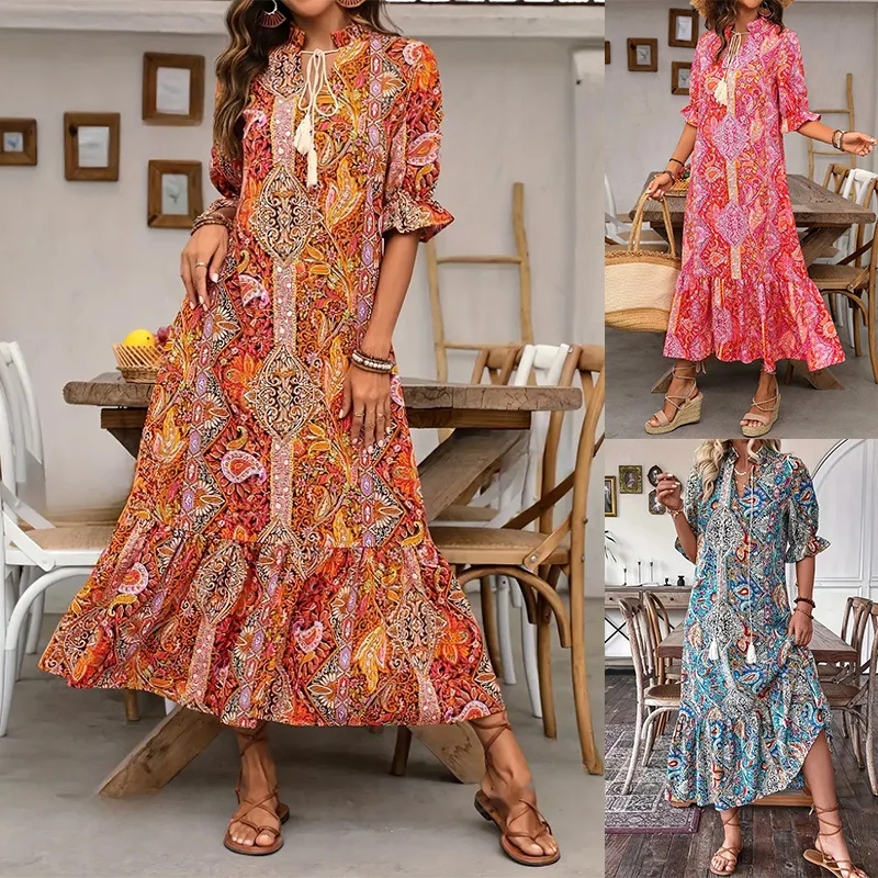

Bohemian Print Retro Long Dress Women's Summer V-neck Lace-up Ruffle Loose Dress Casual Festive Party Dress Robe Women's Style