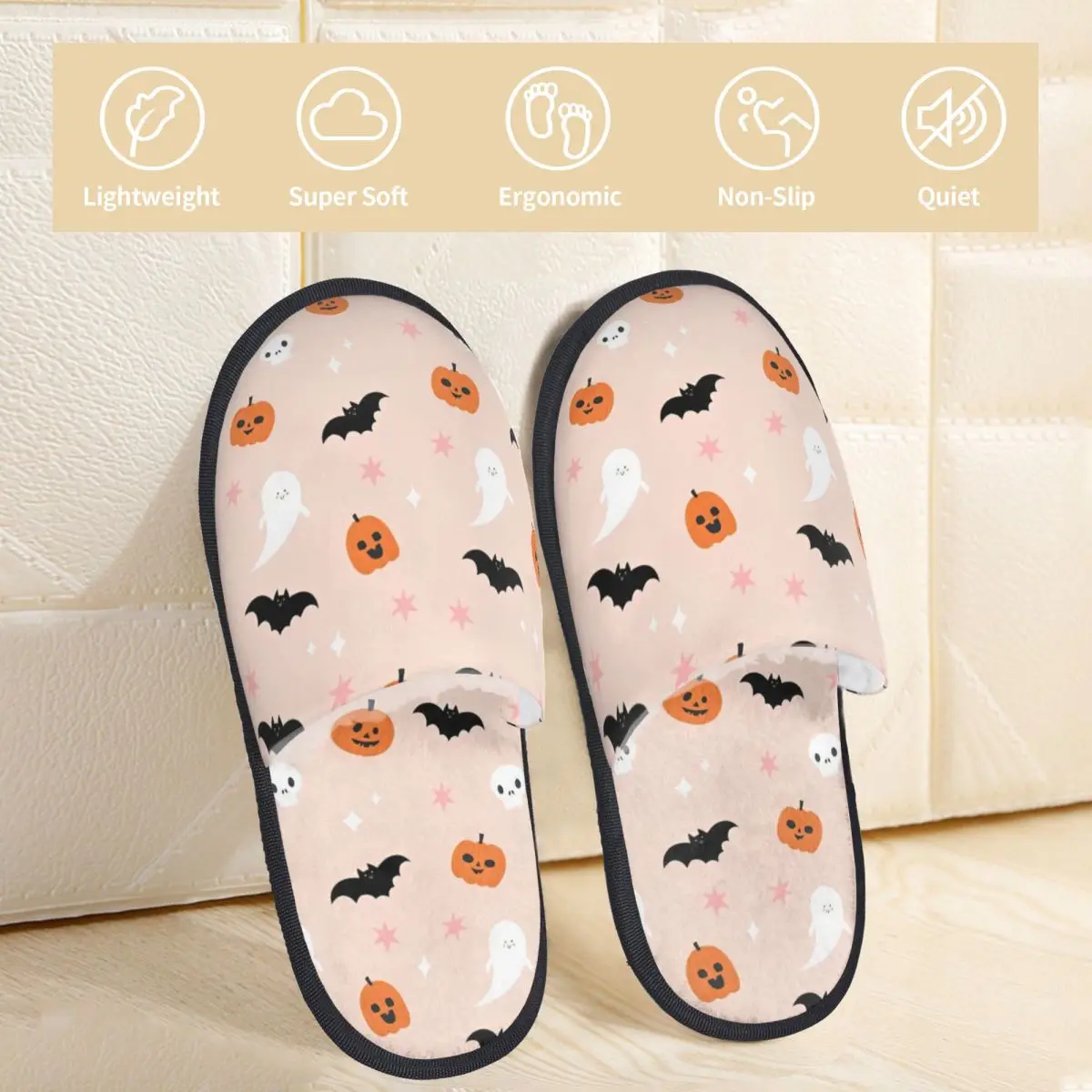 Cute Halloween Pumpkin Skeleton Bat Bedroom Slippers with Memory Foam Slipper Gift for Unisex House Shoes with Anti-Skid Sole