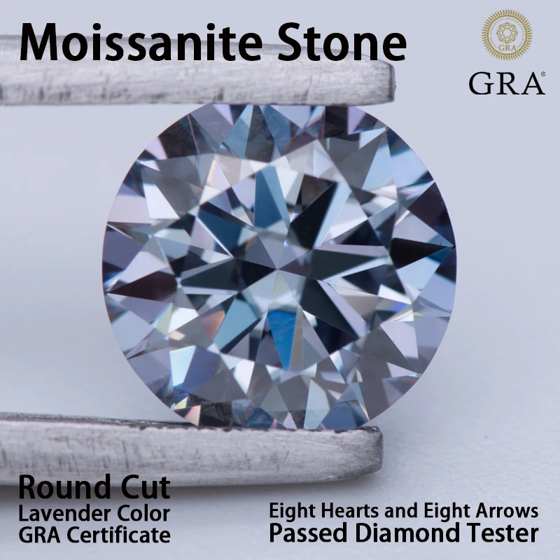 Moissanite Stone Gemstone Round Cut Lavender Color VVS1 Eight Hearts and Eight Arrows Passed Diamond Tester Certificate