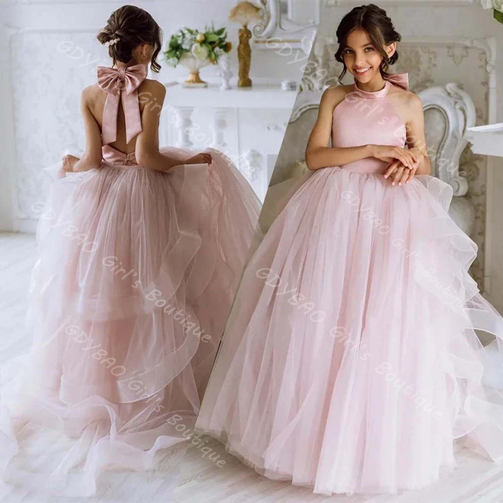 

Pink Princess Pageant Dress for Girls Halter Backless Ruffled Tulle Flower Girl Dress With Bow Custom Wedding Party Ball Gown