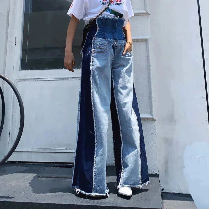 Patchwork Y2k Blue Denim Pants High Waist Vintage Zipper Jeans Streetwear Loose Wide Leg Trousers Fashion Casual Pants For Women