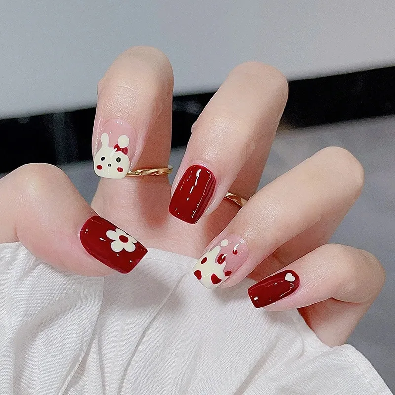 

24PCS Minimalist Bunny Press-On Nails – Medium Square Shape With Floral & Heart Motifs (Sweet Ins Style)