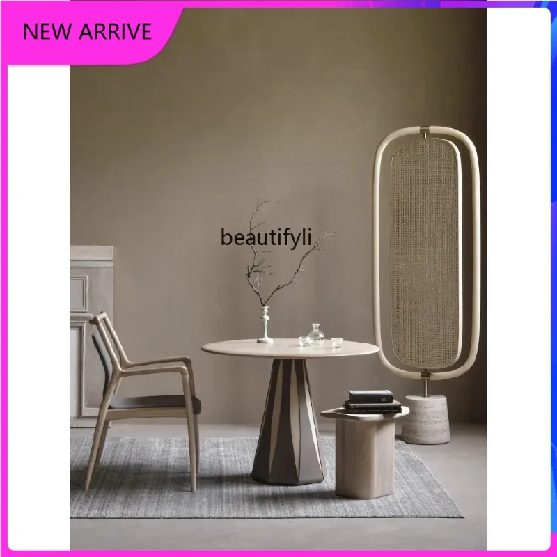 

A4567 Rotary wood dining table leather household dining table small apartment round table living room rest