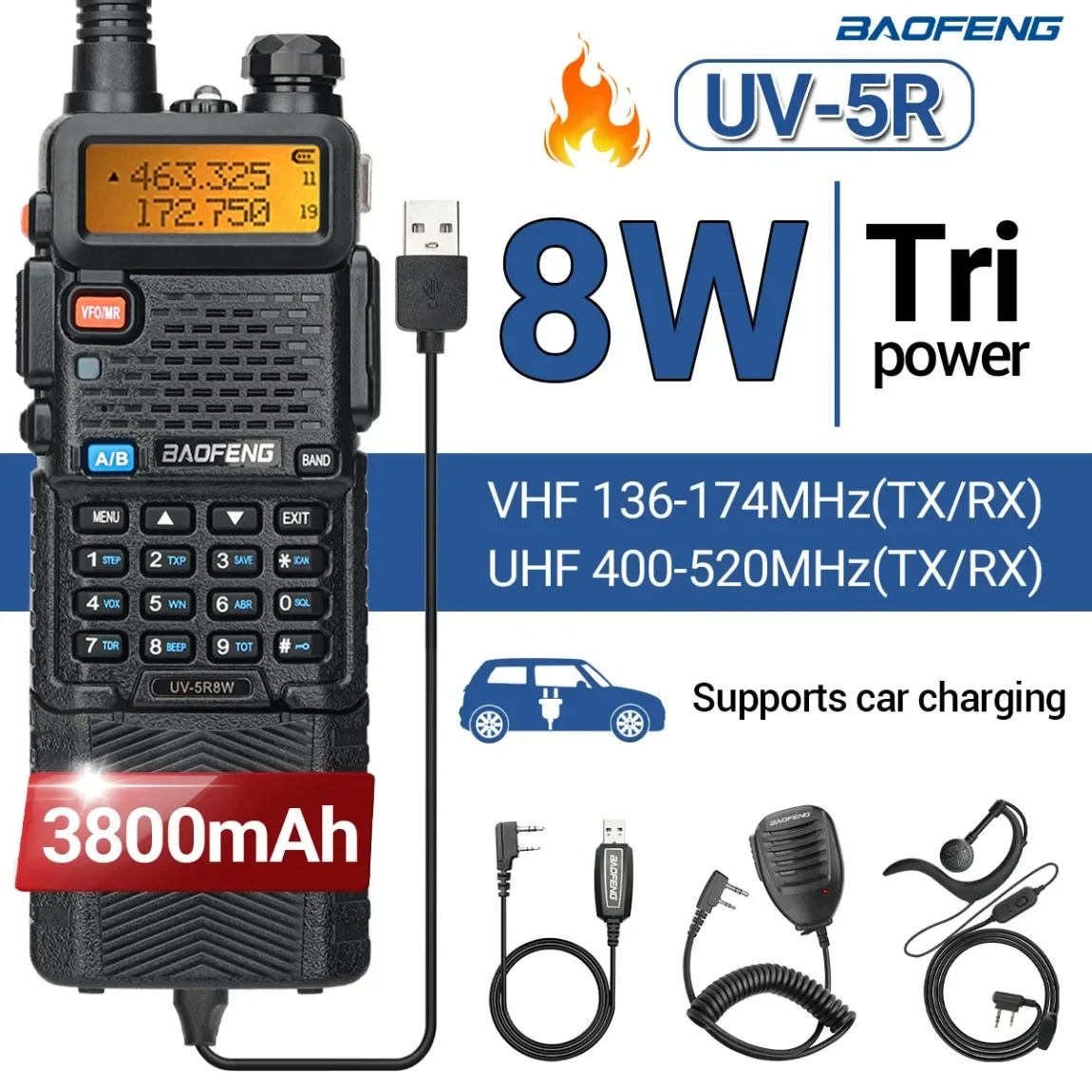 

Baofeng UV-5R 8W 3800mAh Walkie Talkie Tri Power Long Range Type-C Charger UHF VHF Handheld Transceiver Ham Two Way Radio