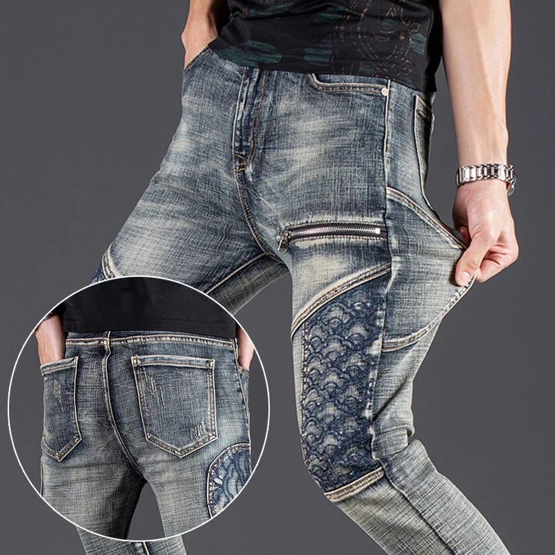 Jeans Men's Fashion Brand Slim Design Cool Hip Hop Personalized Zipper Fashion Retro Embroidery Men's Long Pants