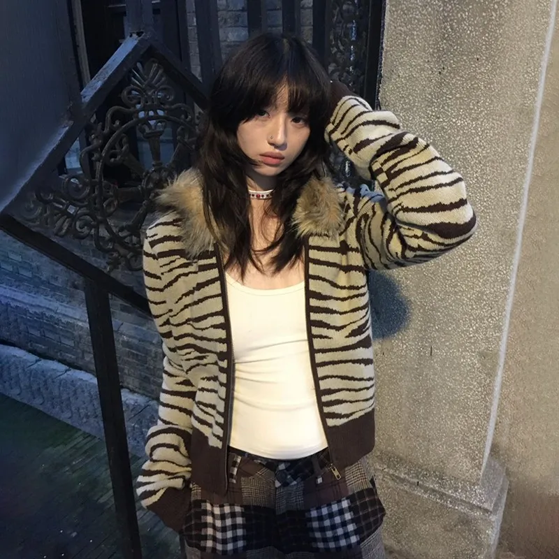 Karrram Japanese Y2k Fur Collar Cardigans Vintage Harajuku Leopard Hooded Knitwear Grunge Aesthetics Fur Coat American Retro 00s