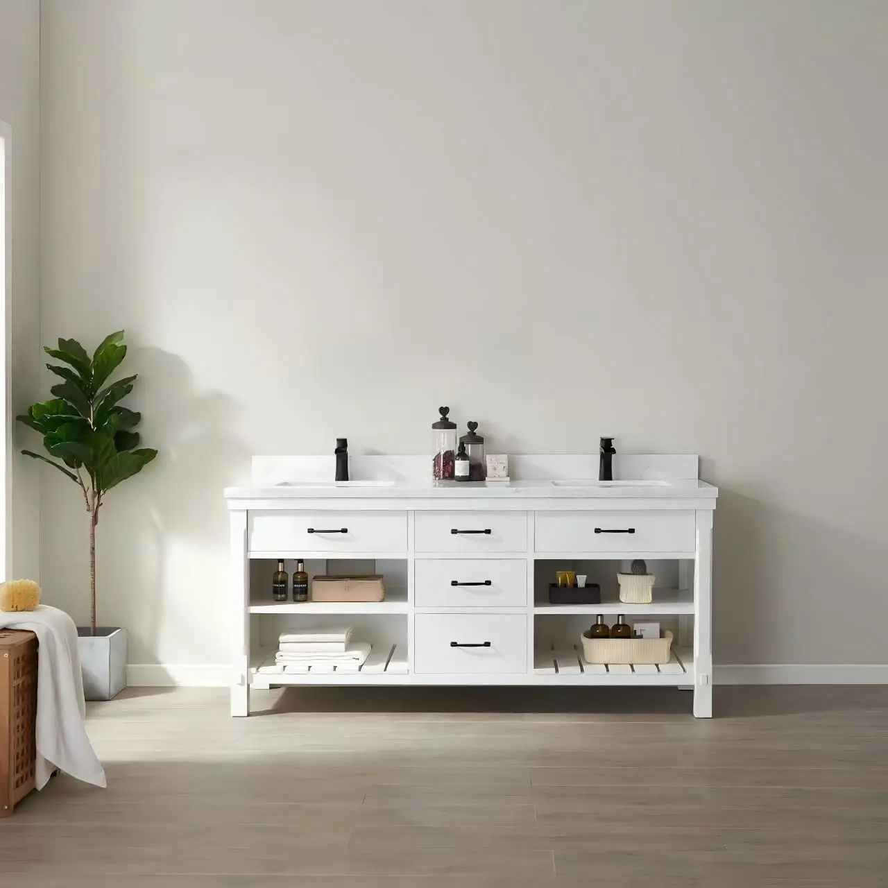 

Modern 150cm White Marble Countertop standing Bathroom Vanity Painted Plywood MDF Cabinet Double Ceramic Basin No Apartmentsprom