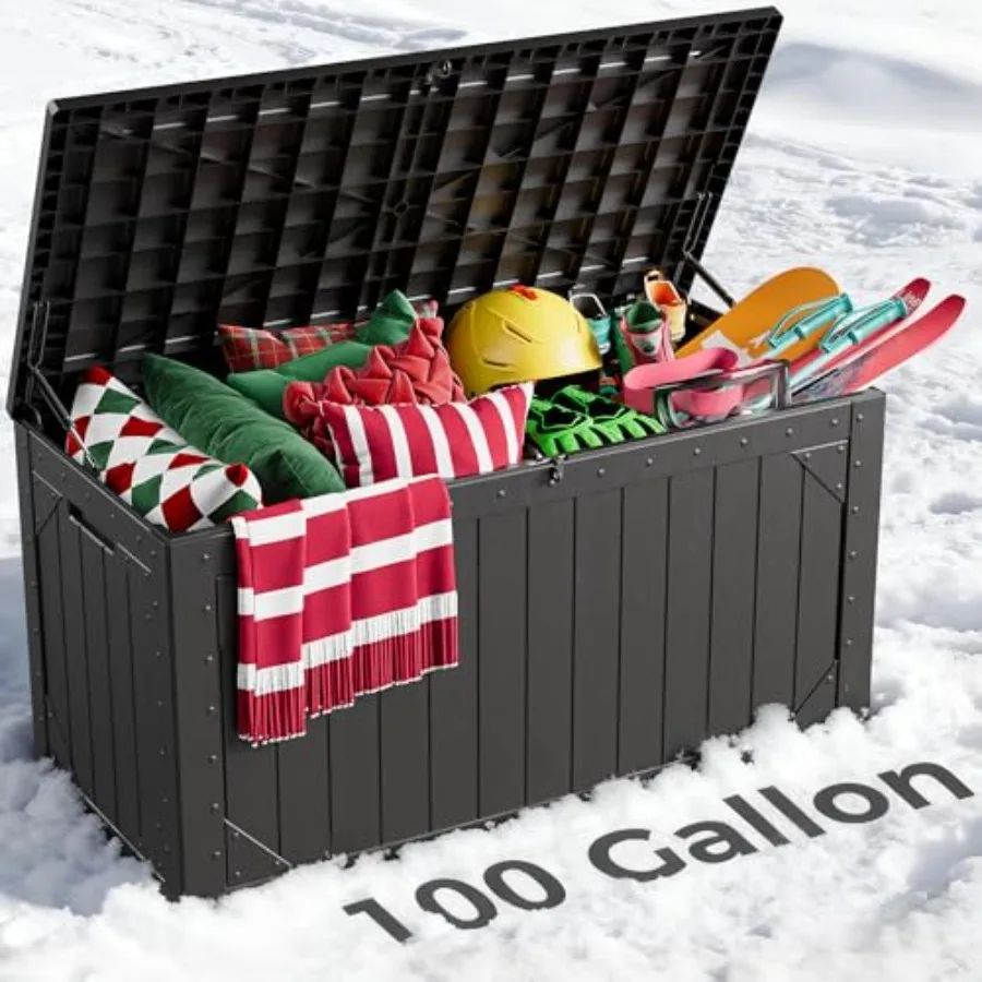 

100 Gallon Lockable Outdoor Storage Box Resin Patio Bench for Cushions Pillows Tools Weatherproof Large Storage Solution for Ya