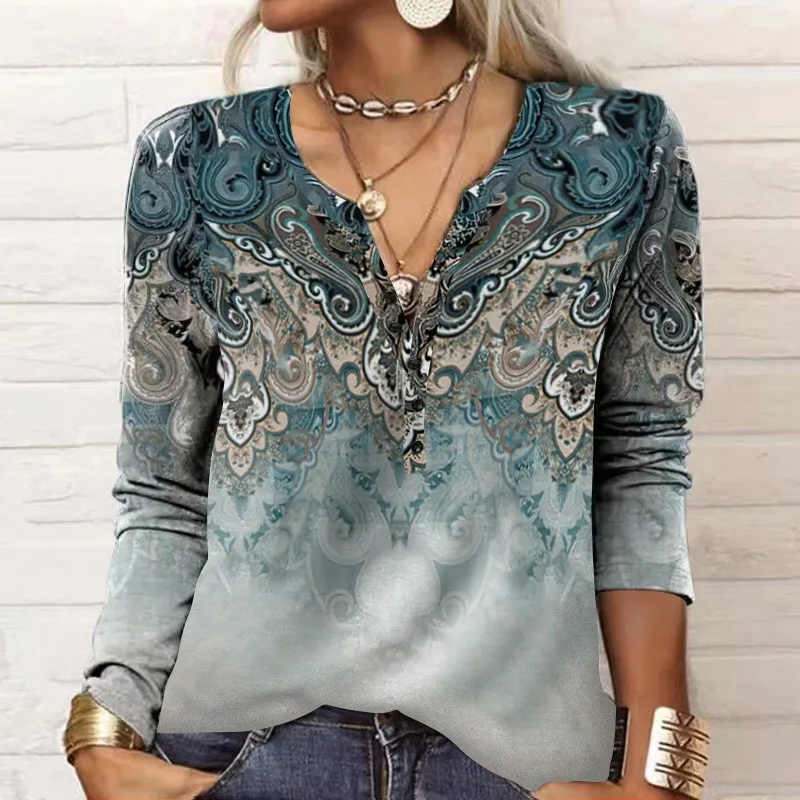 

Ethnic Bohemian T-shirt Women's Autumn Winter V Neck Casual Vintage Long Sleeve Tops Fashion Printed Pullover New Female Shirts