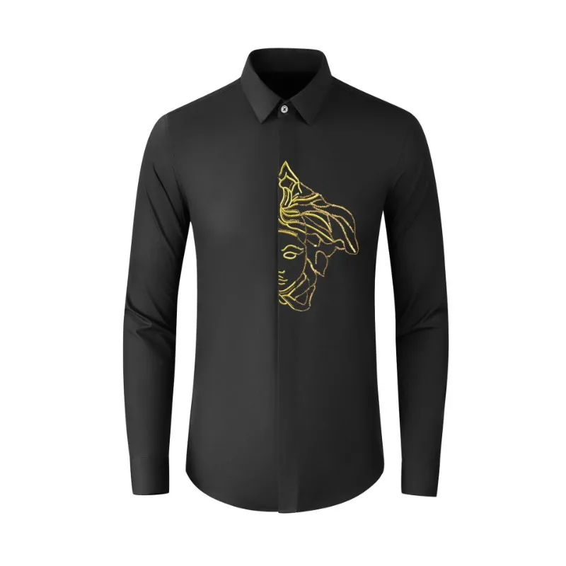 2024 New Half Face Beaded Embroidery Men\'s Slim Fit Fashion Shirt Avant-garde Cotton Top Men\'s Wear
