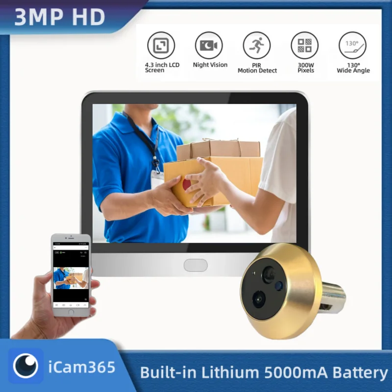 デジタルドアビューカメラ,ワイヤレス,LCD,のぞき穴ビデオ,ドアアイ,wi-fi,1ウェイオーディオ,3mp,2.4g,icam365